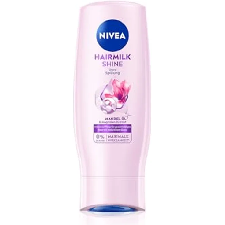 NIVEA Hairmilk Shine Glanz Spülung, 200 ml Conditioner für trockenes Haar mit Mandelöl und Magnolien-Extrakt, vegan und silikonfrei