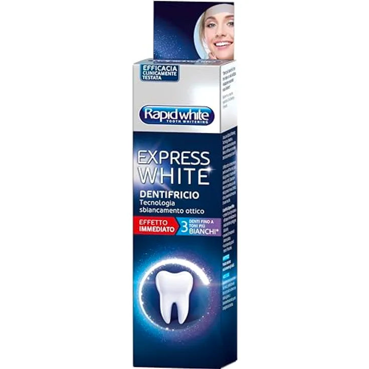 RAPIDWHITE Rapid White Zahnaufhellende Zahnpasta Express White, für bis zu 3 Töne weißer, stärkt den Zahnschmelz, schützt vor Karies, Minzgeschmack, klinisch getestet, 75 ml