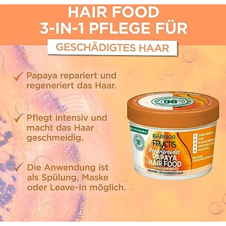Garnier Papaya 3in1 Haarmaske für geschädigtes Haar, Leave In für intensive Pflege und Geschmeidigkeit, Vegane Formel mit natürlichen Inhaltsstoffen, Fructis Hair Food, 1 x 400 ml – Bild 2