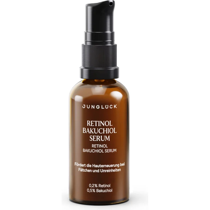 Junglück Retinol Bakuchiol Serum, Feuchtigkeitsserum mit 0,5% Bakuchiol und 0,2% verkapseltem Retinol, 30 ml