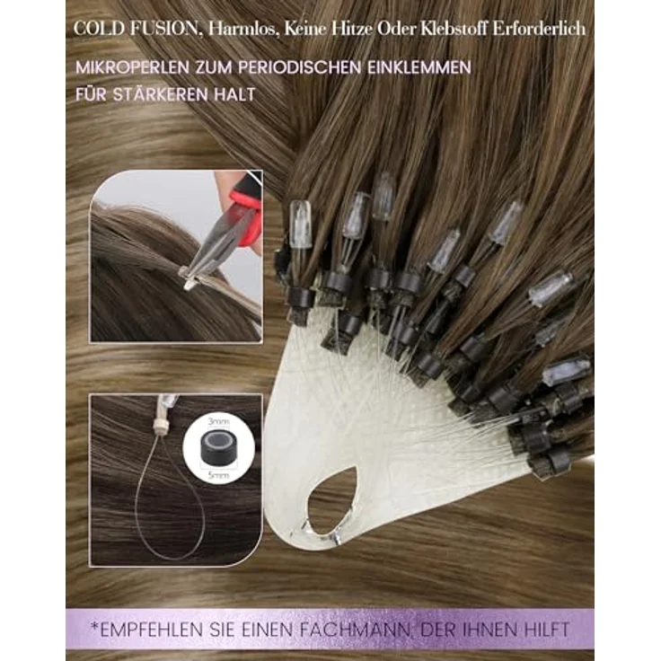 LaaVoo Microring Extensions Echthaar 50g, Balayage Braun #8/16/8, 45cm, unsichtbar mit Microring, wiederverwendbar, Remy Echthaar – Bild 3