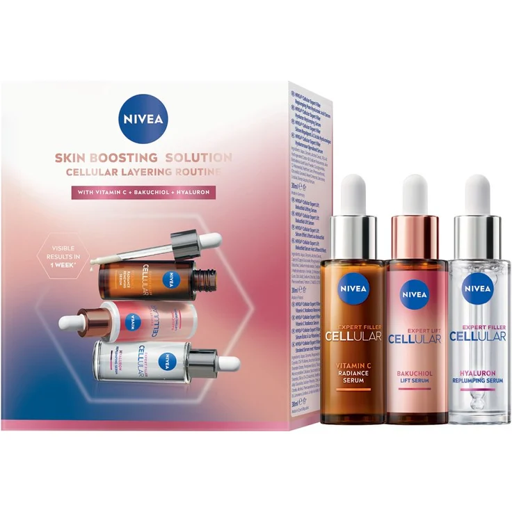 Nivea Cellular Layering Routine 3er, Gesichtsserum mit Hyaluron, Bakuchiol und Vitamin C, 90 ml