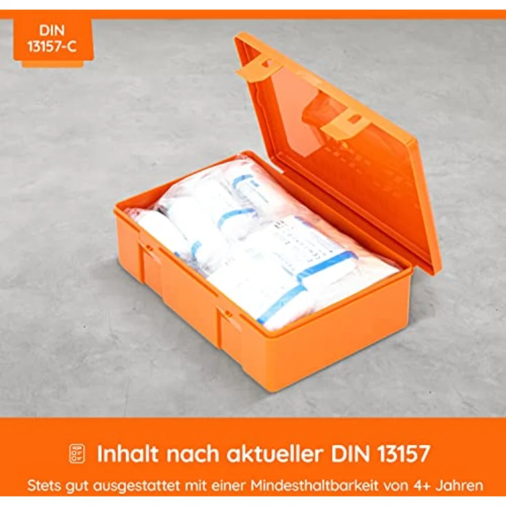 FLEXEO Erste-Hilfe-Koffer DIN 13157, Betriebsverbandkasten mit Wandhalterung, bruchsicher, orange – Bild 6