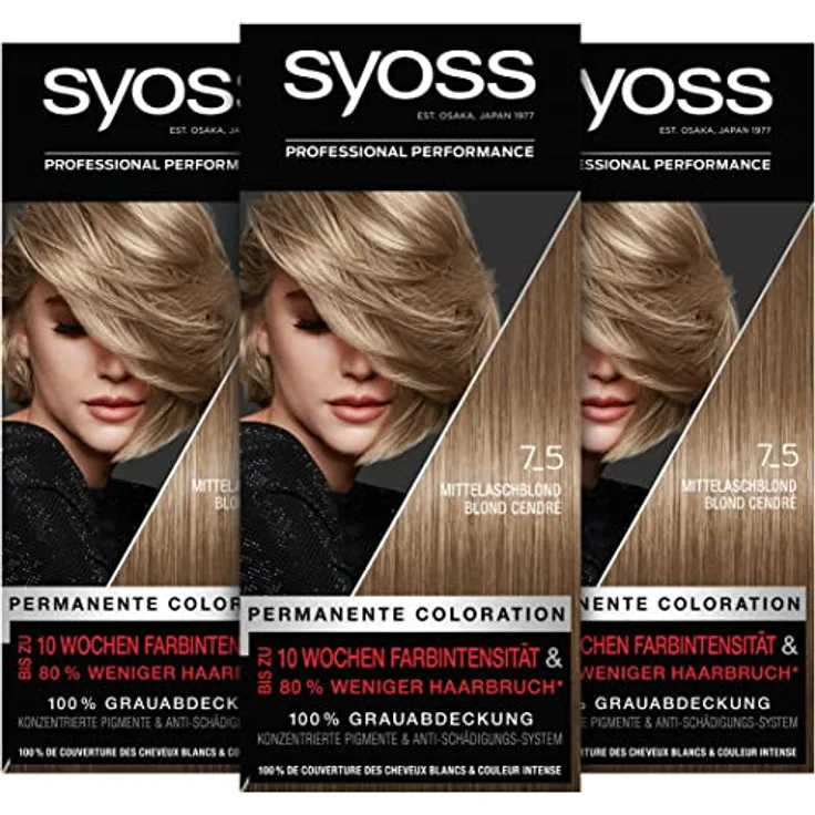 Syoss Color Coloration 7_5 Mittelaschblond Stufe 3 (3 x 115 ml), permanente Coloration für bis zu 10 Wochen Farbintensität und 70 % weniger Haarbruch*