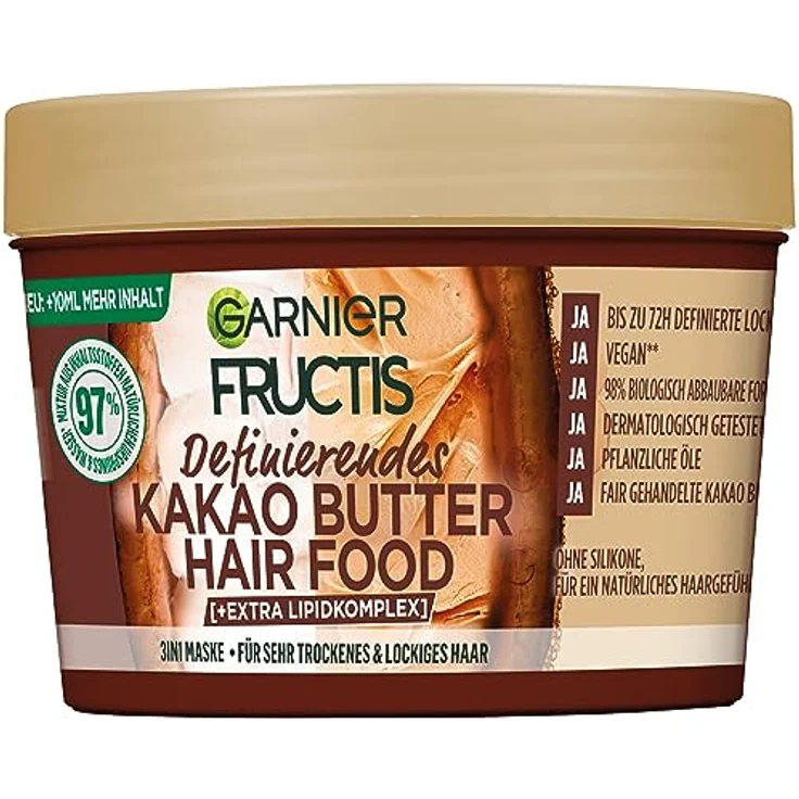 Garnier Kakao Butter 3in1 Haarmaske für trockenes und lockiges Haar, Leave In für intensive Pflege und Definition, Vegane Formel mit natürlichen Inhaltsstoffen, Fructis Hair Food, 1 x 400 ml – Bild 1