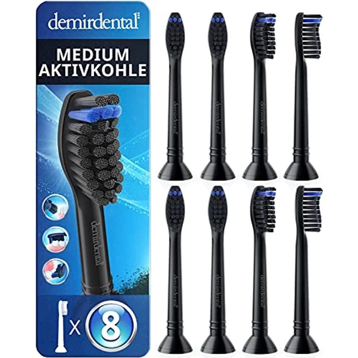 Demirdental 8er-Pack Aufsätze für Philips Sonicare Zahnbürstenaufsatz mit Aktivkohle, Medium Härte, Schwarz, HX9058mb – Bild 2