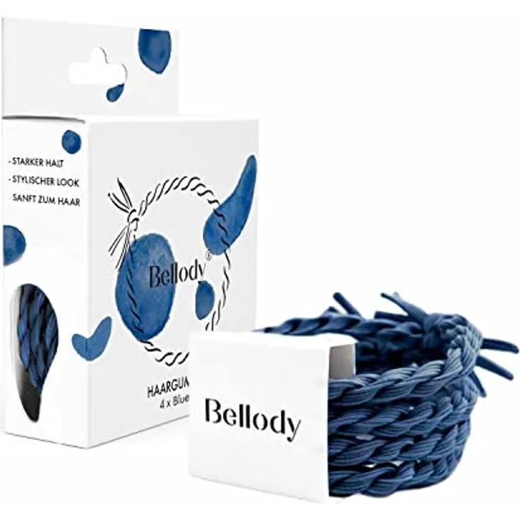 Bellody® Original Haargummis - Stylisch geflochtener Haargummi mit starkem Halt (4er Set - Blue Jeans) - Damen Haarschmuck in Dunkel Blau