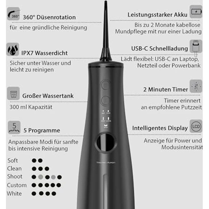 Tristan Auron ProJet Munddusche – 5 Reinigungsmodi, 8 Druckstufen, 300 ml Tank, LCD Display, USB-C Schnellladung, IPX7, inkl. 2 Ersatzdüsen und Reisetasche – Bild 3