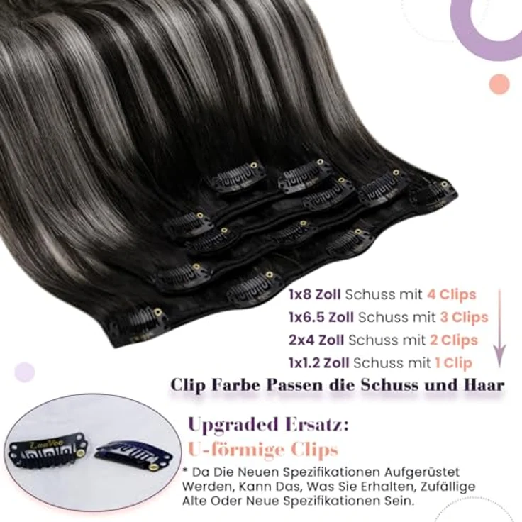 LaaVoo Clip Echthaar Extensions Schwarz Ombre Silber, 40cm, 70g, 5 Stück, Remy Echthaar, Glatt – Bild 2