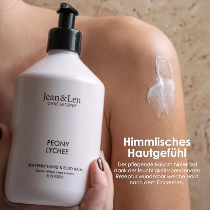 Jean & Len Heavenly Hand- & Body Balm Peony & Lychee, Pflegebalsam mit Bio-Arganöl und Sheabutter, vegan, 500 ml, ohne Parabene & Silikone – Bild 4