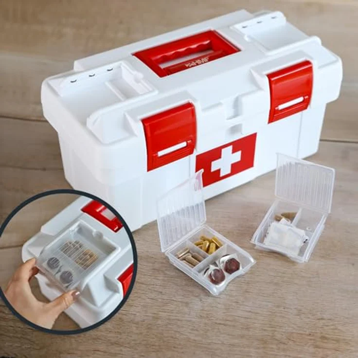 HMF Erste-Hilfe-Koffer, leerer Medizinbox zur Medikamenten Aufbewahrung, 37 x 20 x 18,5 cm, robust in Weiß-Rot mit herausnehmbaren Fächern – Bild 6