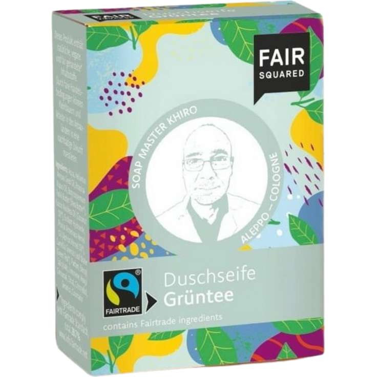 FAIR SQUARED Fairtrade Jubiläums Duschseife Grüntee, 80 g für normale & sensible Haut, plastikfrei und duftend