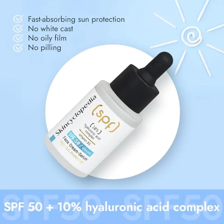 Skincyclopedia Sonnenschutz Hyaluron Serum, LSF 50 Gesichtsserum mit 10% Hyaluron-Komplex und Vitamin B5, Face Sun Protection with SPF 50, UVA und UVB, Sonnenschutz mit hohem Breitspektrumschutz, 30ml – Bild 2