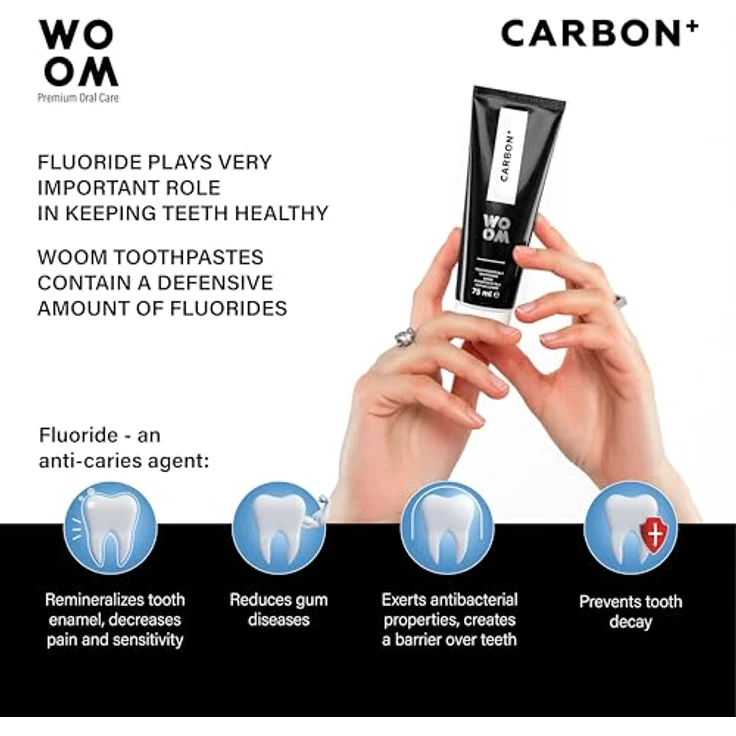 Woom Carbon+ Premium Toothpaste Whitening Zahnaufhellung Schwarze Aktivkohle Zahnpasta Aktivkohle Paste für Weiße Zähne Zahncreme mit Fluorid 75ml – Bild 5