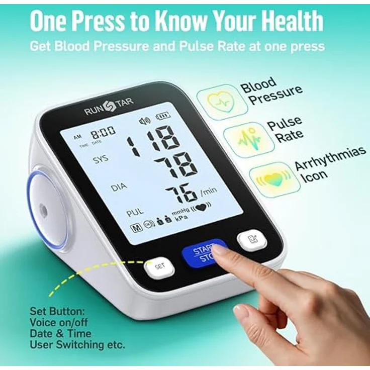 RunStar Blutdruckmessgerät oberarm, automatische digitale Messung mit breiter Manschette (22 cm - 42 cm), Speicher für 2 x 99 Lesewerte, großes LCD-Display und Sprachfunktion – Bild 3