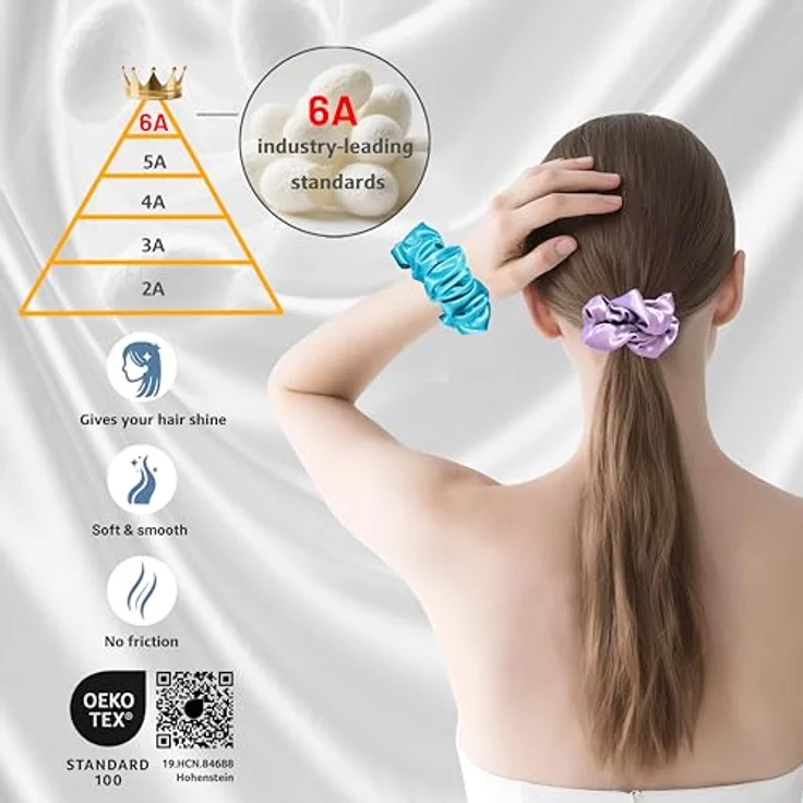 townssilk Seiden Scrunchie 2er-Set, 100% Maulbeerseide 6A/22 Momme, haarschonend und elastisch ohne Abdrücke, Lavender & Bahama Blue – Bild 3