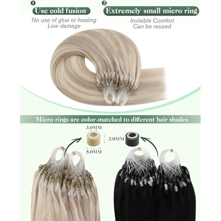 Ugeat Echthaar Extensions Micro Ring, Asch Blond #18/613, 55 cm, 50 Strähnen à 1 g, hitzebeständig bis 180 °C – Bild 3
