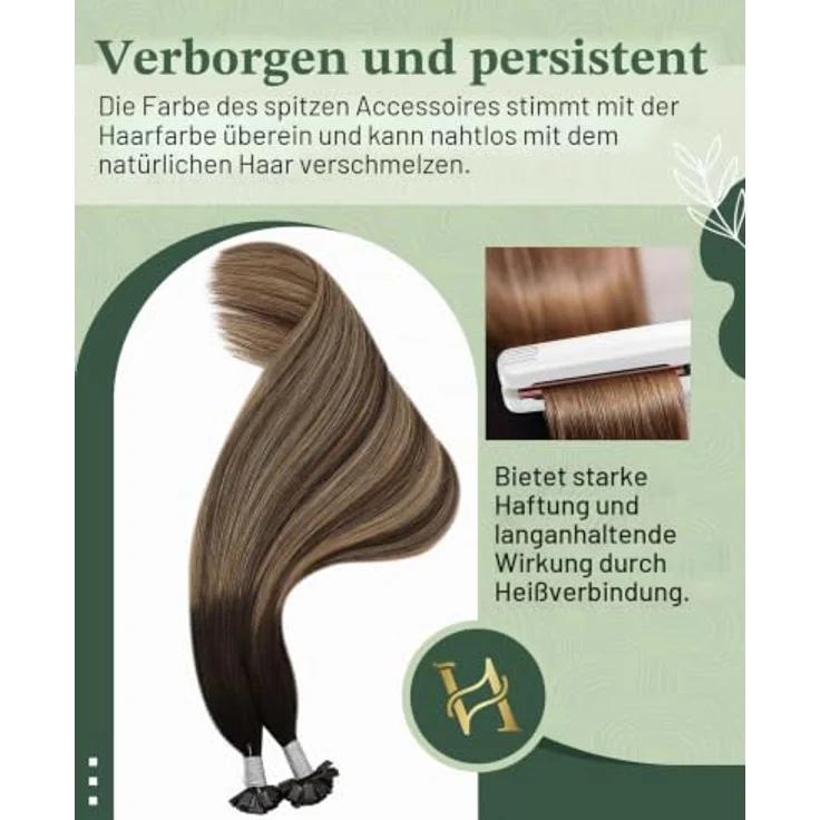 Ugeat Flat Tip Extensions, Keratin Bonding Echthaar Schwarz Ombre Braun, 50 Strähnen, 50g, 50cm – Bild 4