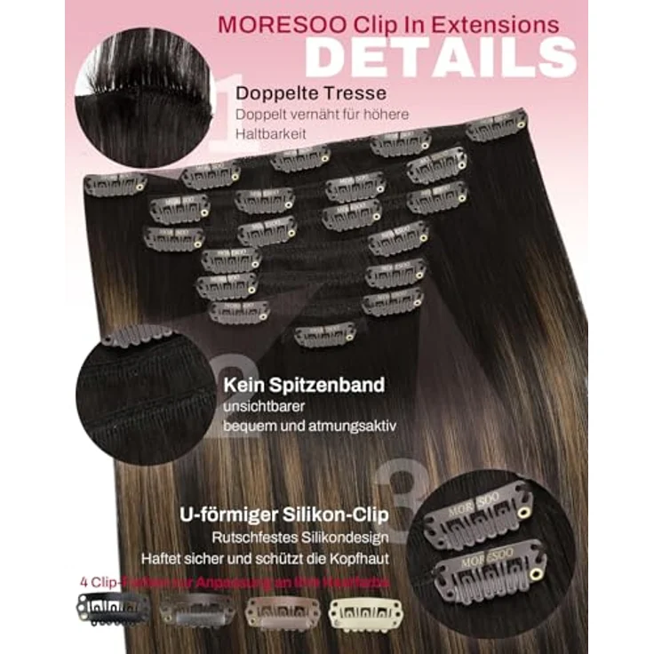 Moresoo Clip in Extensions Balayage, Echthaar Ombre Dunkelbraun mit Mittelbraun, 7 Tressen, 120g, 45cm – Bild 4