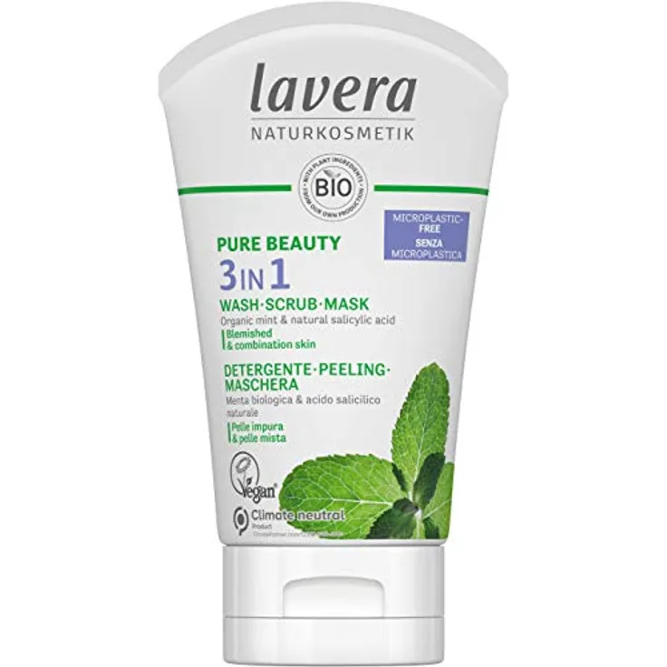 lavera PURE BEAUTY 3-in-1 Wasch-Peeling-Maske – Bio-Minze und natürliche Salicylsäure – vegan – Naturkosmetik – bekämpft Verunreinigungen – 125 ml