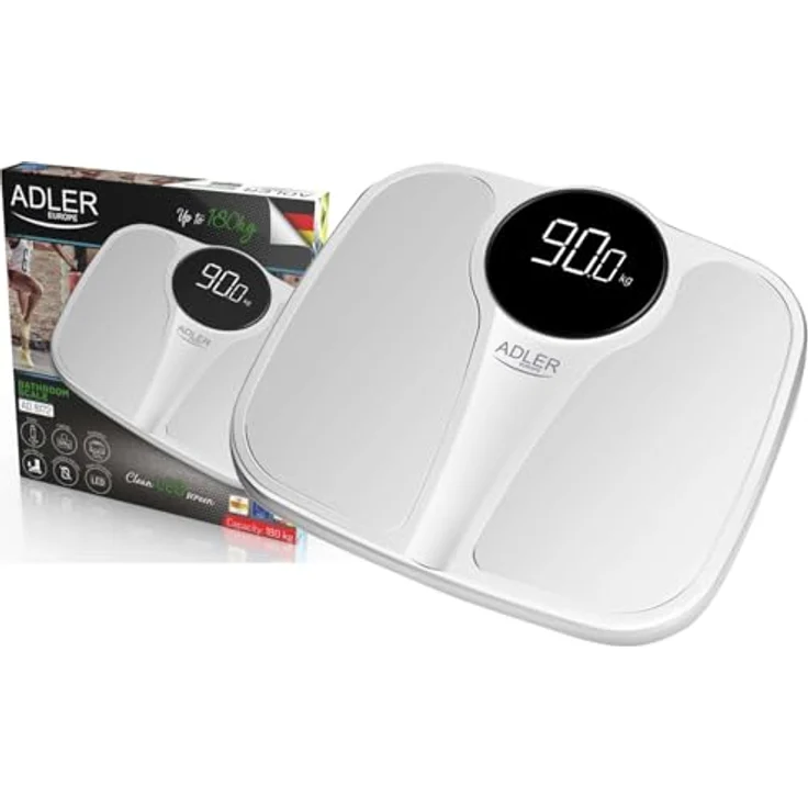 Adler AD 8172, Elektronische Personenwaage bis 180 kg, weiße Kunststoffoberfläche, LED-Anzeige, hohe Genauigkeit (100 g) – Bild 1