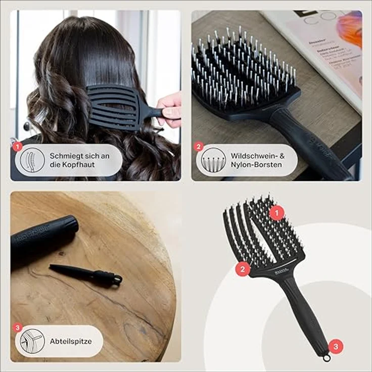 Olivia Garden Fingerbrush Care Iconic - Large - Detangler Bürste mit Wildschweinborsten & Nylon, schwarz, ergonomischer Soft Grip für gesundes und glänzendes Haar – Bild 4