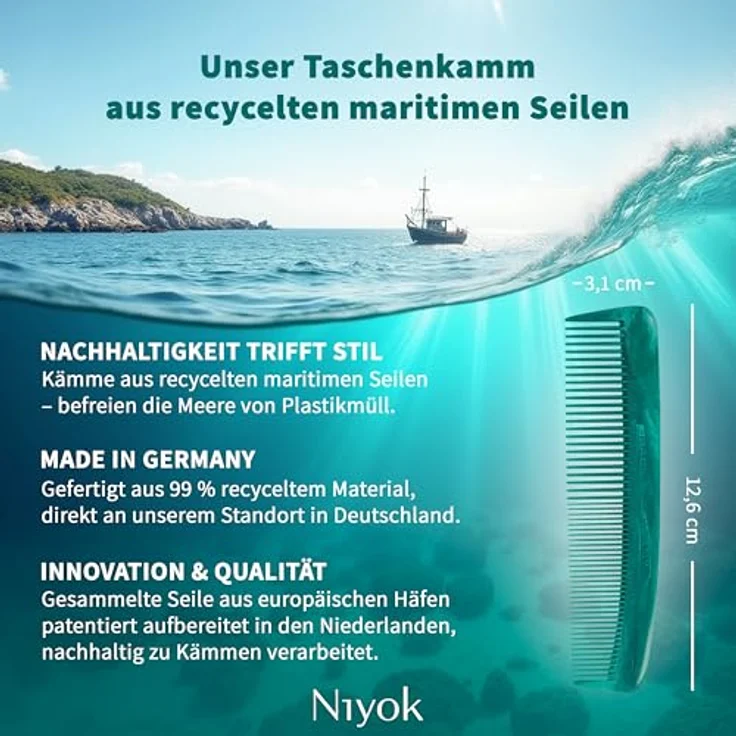 Niyok Taschenkamm, kompakt & praktisch für alle Haartypen aus 99% recycelten maritimen Seilen, Made in Germany – Bild 5