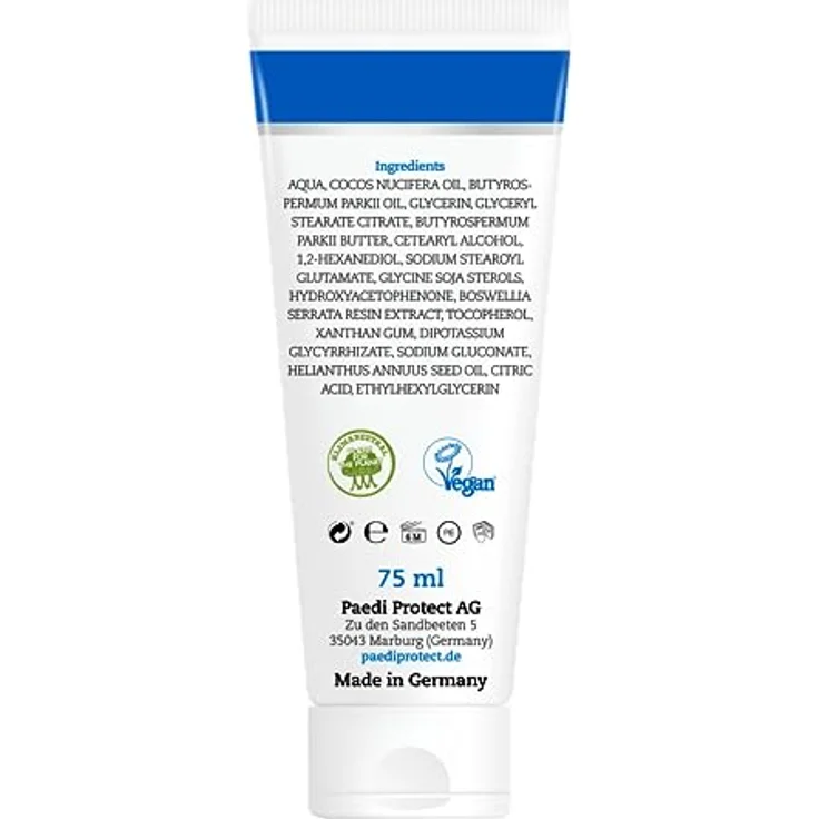 PAEDIPROTECT Intensiv Pflegecreme 75ml, spendet Feuchtigkeit bei trockener & gereizter Haut, lindert Juckreiz und beugt Entzündungen vor, parfümfreie Baby Creme für Gesicht, Körper & Hände, vegan – Bild 5