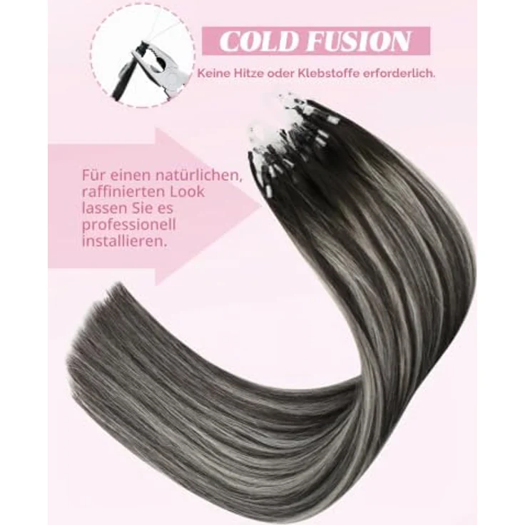 YoungSee Microring Extensions Echthaar Silber 55 cm, Micro Loop Extensions Ombre, Remy Echthaar, 50g, unsichtbare Kaltfusions-Extensions für Damen – Bild 5