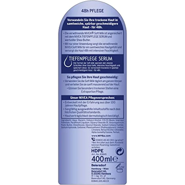 NIVEA Verwöhnende Soft Milk (400 ml), Body Milk für trockene Haut mit Tiefenpflege Serum, Feuchtigkeitspflege mit Shea Butter natürlichen Ursprungs – Bild 2