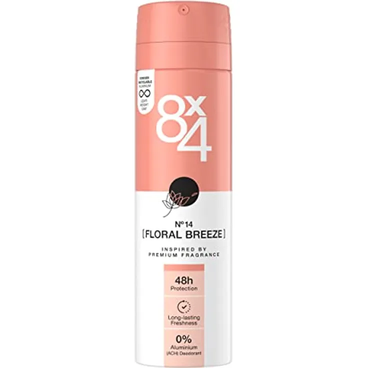 8X4 N°14 Floral Breeze Deospray (150 ml), erfrischend-floraler Duft, Deo ohne Aluminium (ACH), Deodorant mit 48h Schutz für jeden Hauttyp