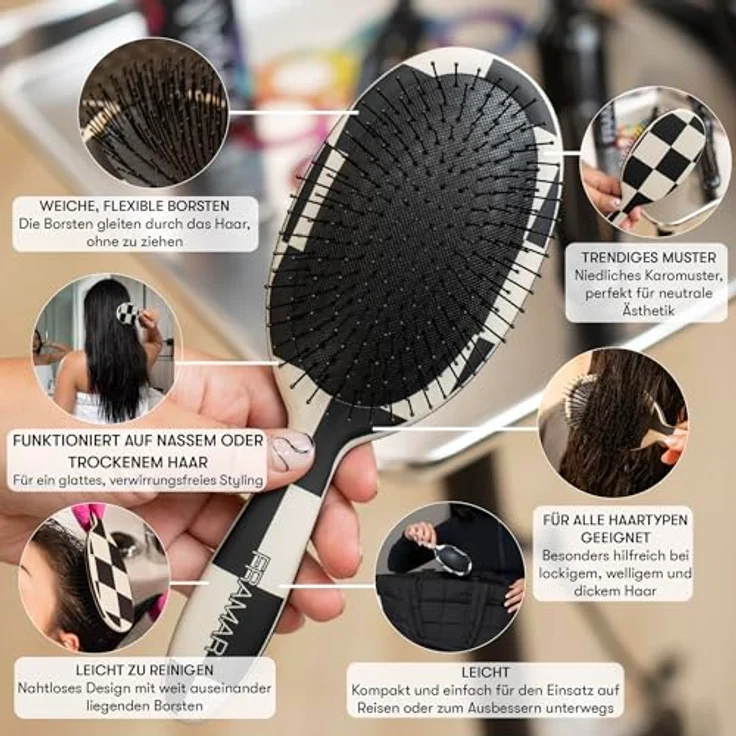 FRAMAR Entwirrbürste ohne Ziepen, Haarbürste für Locken, Kariert, für alle Haartypen geeignet, sanftes Entwirren ohne Haarbruch – Bild 4