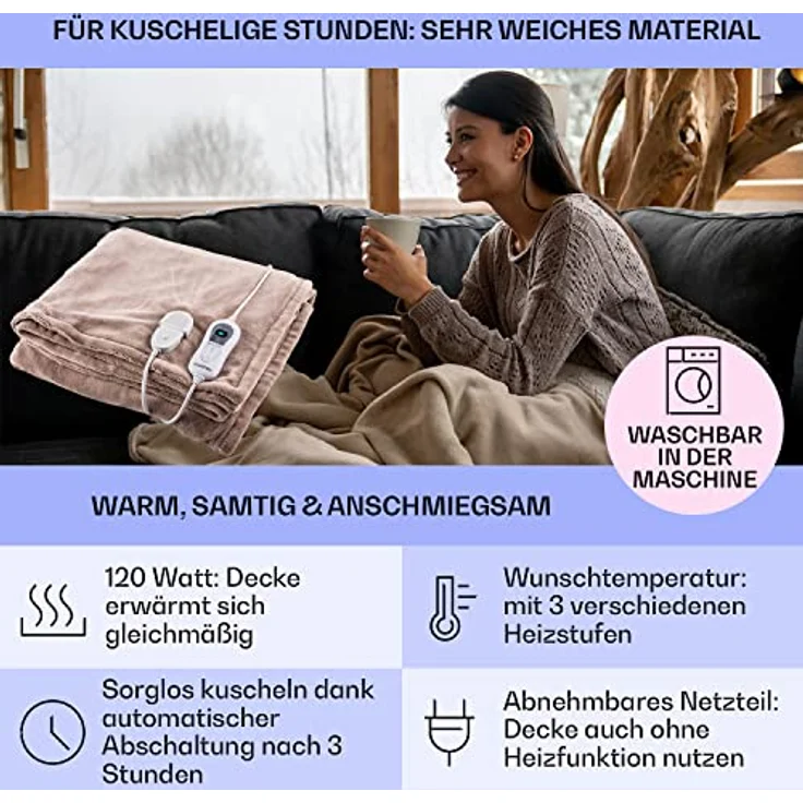 Klarstein Dr. Watson XXL Heizdecke 120W waschbar 200x180cm Mikroplüsch beige – Bild 3