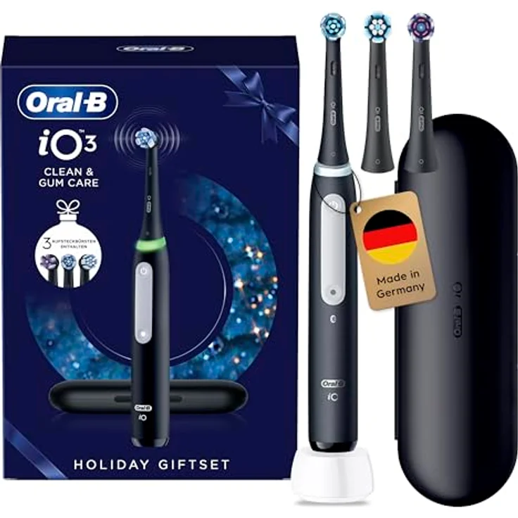 Oral-B iO Series 3, Elektrische Zahnbürste mit 3 Putzmodi, inkl. 3 Aufsteckbürsten und Reise-Etui, designed by Braun, Schwarz – Bild 1