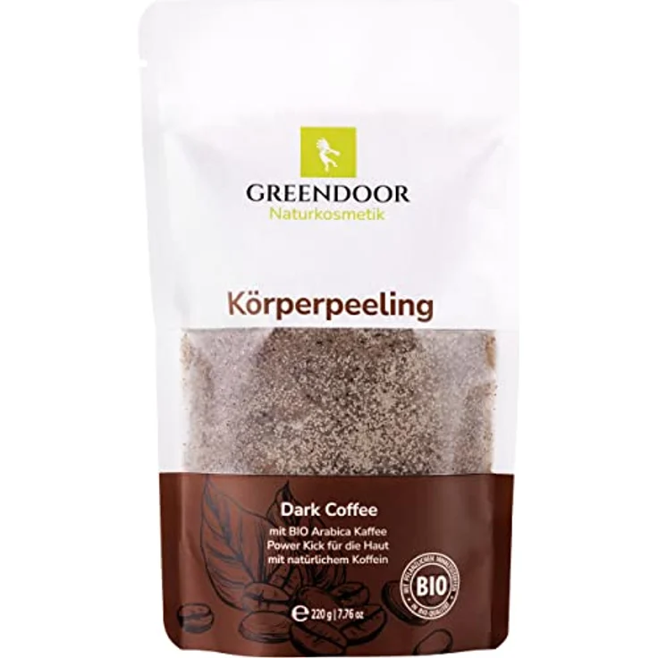GREENDOOR Naturkosmetik straffendes Natur Körperpeeling Kaffee 220g vegan, gegen Cellulite Schwangerschaftsstreifen, mit BIO Arabica und extra natürlichem Koffein – Bild 1