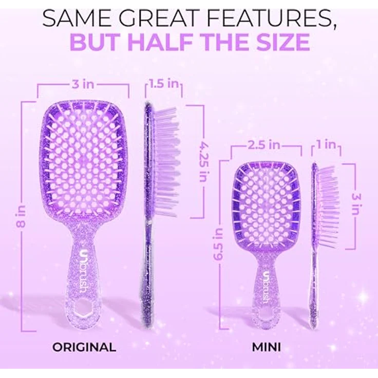 UNbrush Glitter Collection Detangling Hair Brush Mini, Amethyst Haarbürste mit doppelter Borstenlängen, kompakt für unterwegs – Bild 3