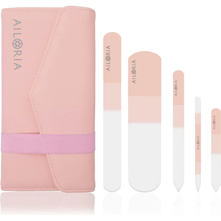 AILORIA Glasnagelfeile CONTOUR LUXE glas-nagelfeilenset, Set, 5-tlg., Glas-Nagelfeilenset - Mikrofeine Schleiffläche, schonend für Nägel, farblich passendes Etui