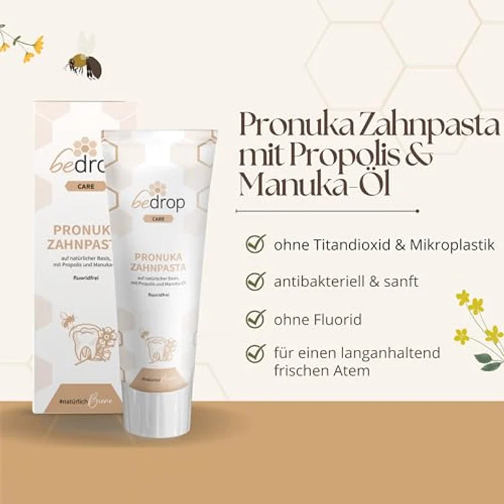 bedrop Pronuka Zahnpasta mit Propolis & Manuka-Öl, fluoridfrei, natürlich, ohne Mikroplastik & Titandioxid, mit Zitrone-Minze Geschmack (75ml) – Bild 2