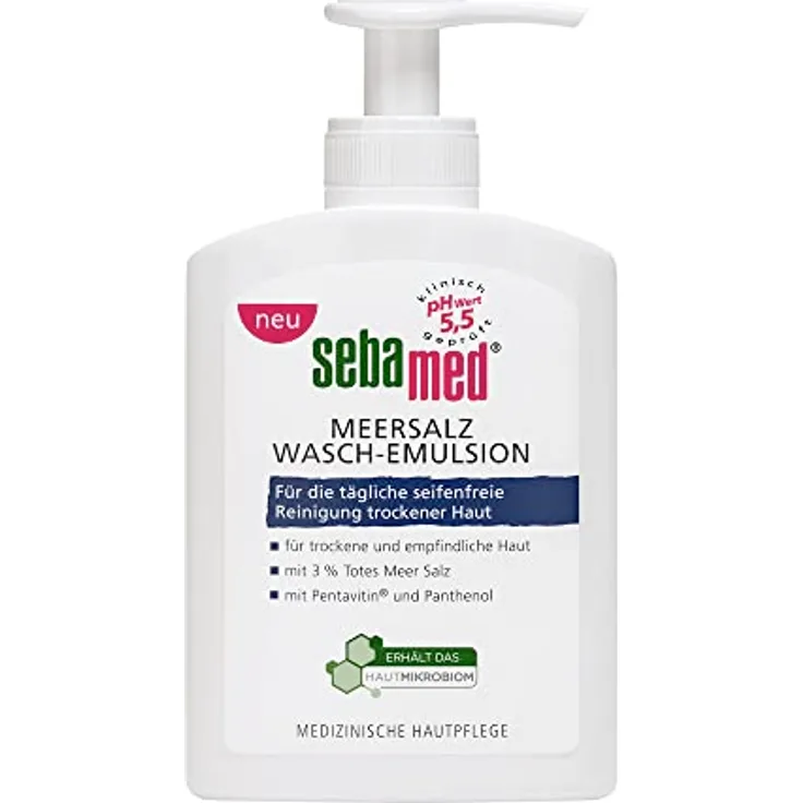 SEBAMED Meersalz Wasch-Emulsion 200 ml, für trockene und empfindliche Haut, mit original Totes Meer Salz Mineralien