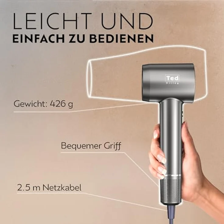 Ted Hilley Ionen Föhn mit Diffusor & High-Speed Motor, 5× schnellerer Haartrockner mit 5 Heizstufen, 2 Geschwindigkeiten, HD-Display, leicht & kompakt für Reisen – Bild 3