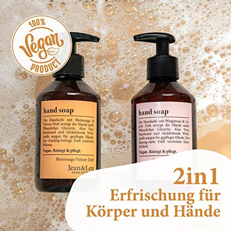 Jean & Len Handseife Blutorange & Vetiver, reinigt Hände sanft, Flüssigseife im Pumpspender für reine und gepflegte Hände, fruchtig-holziger Duft, ohne Parabene, Silikone & Mikroplastik, vegan, 250 ml – Bild 4