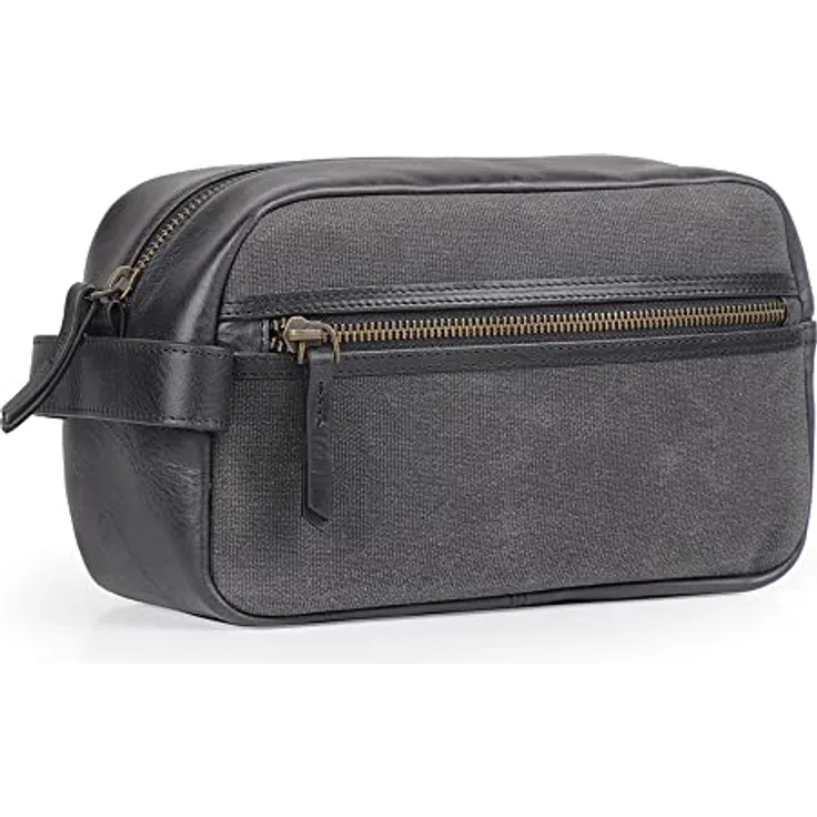 Londo Echtleder Reisetasche, Kulturtasche, Kosmetiktasche, Waschtasche - Unisex (Gewebter Stoff - Schwarz)