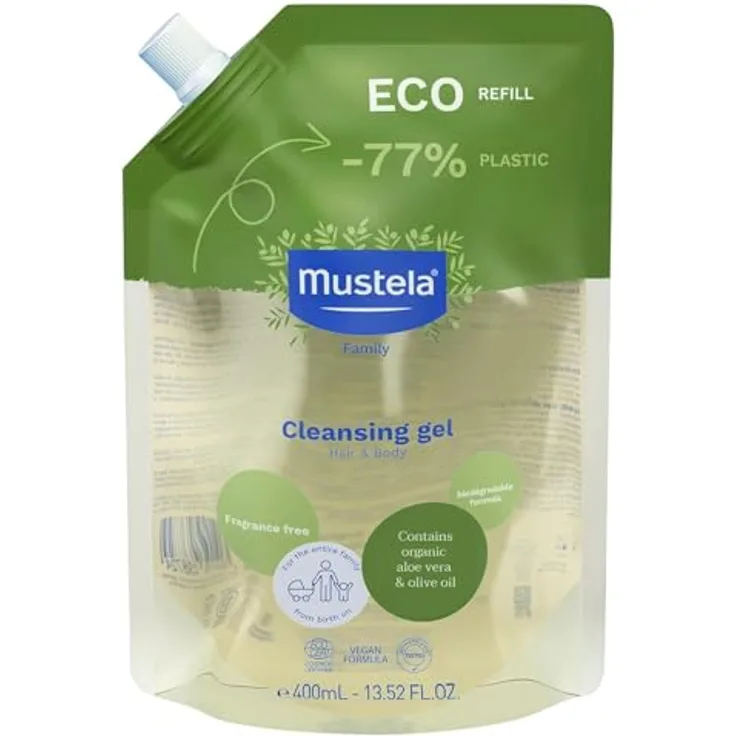 Mustela Bio Gel Shampoo Refill, 400 ml, sanfte Reinigung für Kinderhaut, vegane Formel, 97% natürliche Inhaltsstoffe