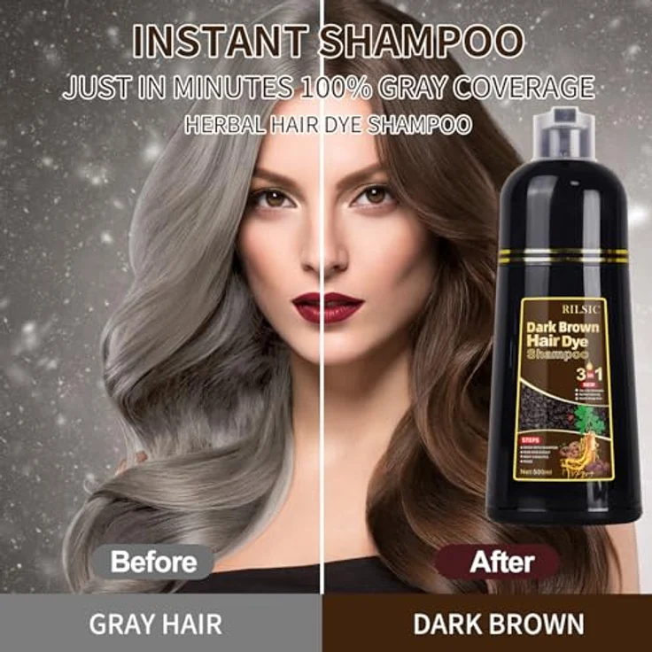 GFEUGS Haarfärbeshampoo Dunkelbraun, 500ML 3 in 1 gegen graue Haare, sofortige Tönung, pflanzliche Inhaltsstoffe, langanhaltend – Bild 2