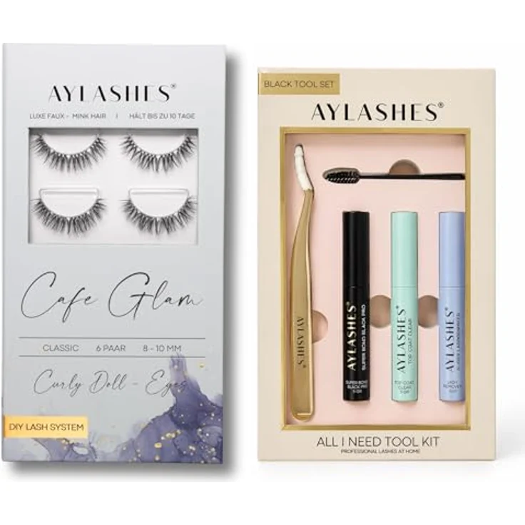 AYLASHES DIY Wimpernextensions Starter Set CAFE GLAM, 6 Paar D-Curl Wimpern, Applikator, Wimpernkleber, Top Coat Sealer schwarz, bis zu 7 Tage Halt – Bild 1