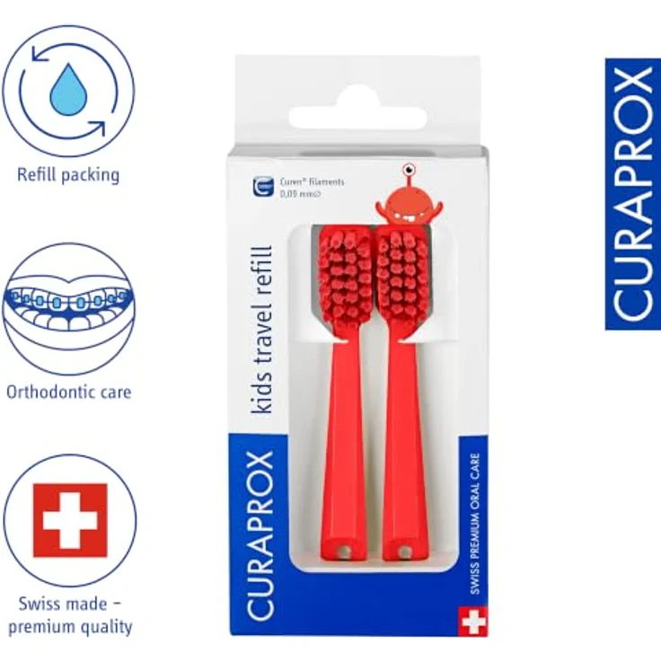 Curaprox Kids Travel Refill, Ersatz-Kopf für Kinderzahnbürsten, rot, 2er Pack mit feinen Borsten und lustigem Design – Bild 2