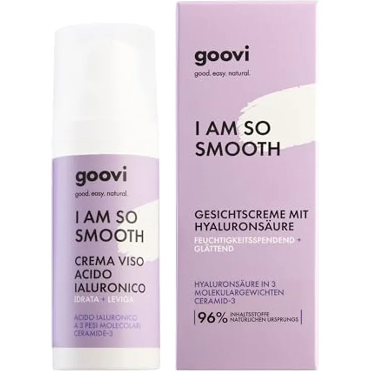 GOOVI I Am So Smooth Hyaluronic Acid Face Cream, Feuchtigkeitspflege mit 3-fach Hyaluronsäure & Ceramiden, strafft und festigt die Haut, 50ml