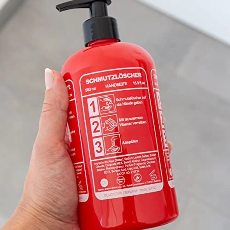 Accentra Handseife SCHMUTZLÖSCHER in Flasche in Feuerlöscher-Optik, 500ml Handseife im Pumpspender, Flüssigseife, Musk-Duft - nachfüllbar, 8155477, Rot – Bild 2