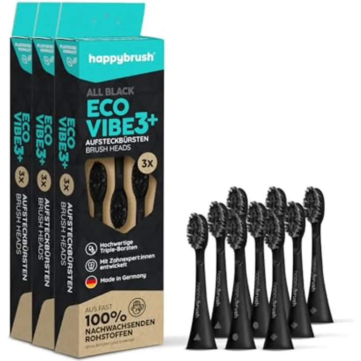 happybrush® Eco VIBE 3 Aufsteckbürsten, 3x3 Stück, nachhaltige Aktivkohle-Borsten, Allblack, für elektrische Schall-Zahnbürste