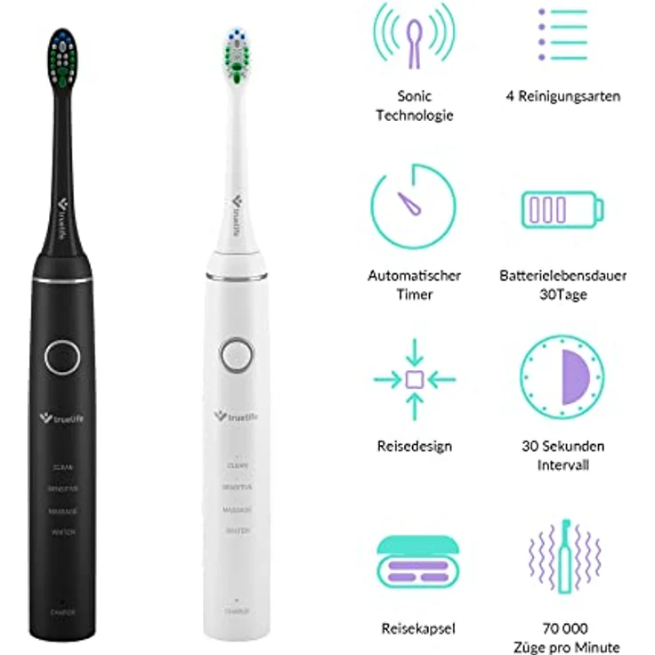 TrueLife SonicBrush Compact Duo Set mit zwei Sonic Bürsten, 2 Reisehüllen, 2 Ladestationen und 4 Standardbürstenköpfe in der Packung, 4 Reinigungsmodi, 70 000 Bewegungen pro Minute – Bild 2